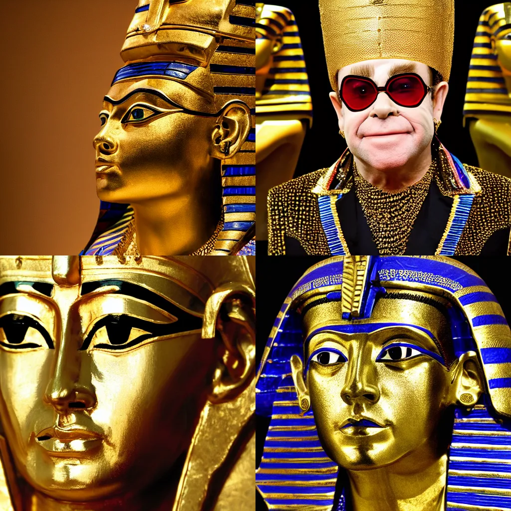 Prompt: Elton John as an egyptian pharaoh sarcophagus, 4k, DSLR photo, beautiful, sparkling, golden