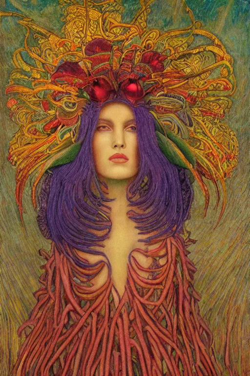 Image similar to queen of spring, by jean delville and Tino Rodriguez and Diego Rivera , elaborate headdress and embroidered velvet, iridescent beetles, rich color, dramatic cinematic lighting, extremely detailed