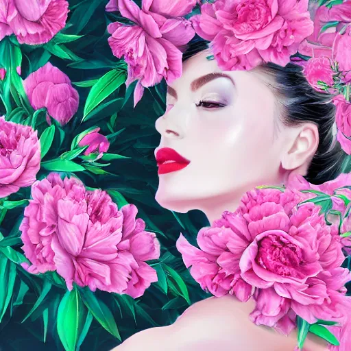 Image similar to highly detailed portrait of the most beautiful woman surrounded by peonies, vaporwave colors, smooth rendering