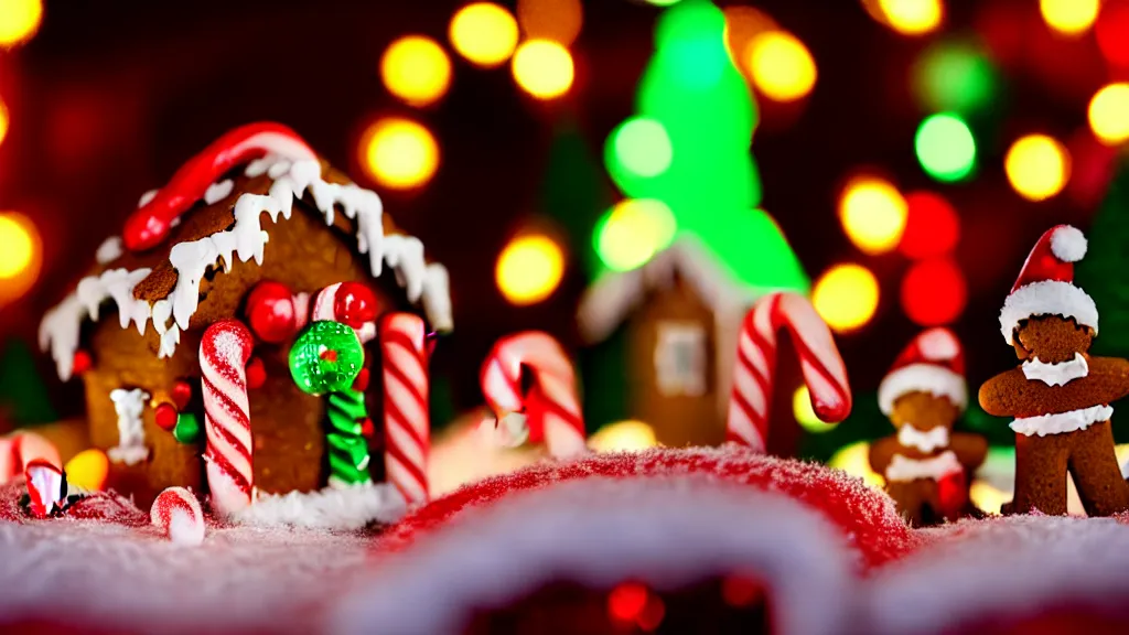 Image similar to closeup of colorful miniature gingerbread house at night, gingerbread people, candy canes, forest, christmas, snow, claymation, bokeh, depth of field 1 0 0 mm, cinematic scene, studio quality, visually stunning, unreal engine, octane render