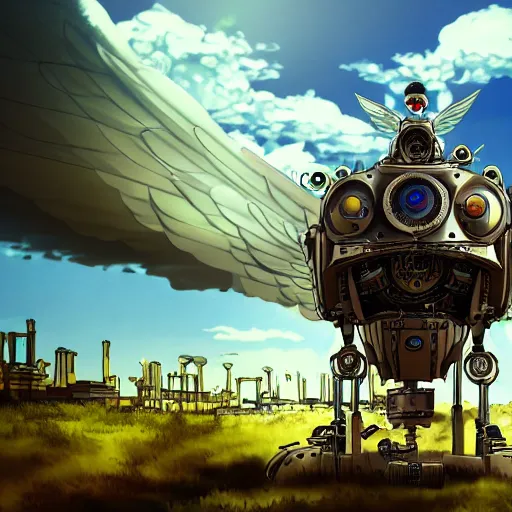 Prompt: a steampunk robotic angel, studio ghibli, extremely detailed, clouds, epic, sky, cinematic lighting,