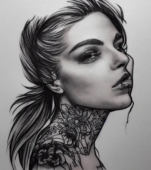 Image similar to tattoo design sketch of a beautiful woman face with a stunning mountains faded background on her side, hyper - realistic, double exposure, in the style of matteo pasqualin, amazing detail, black and white, faded