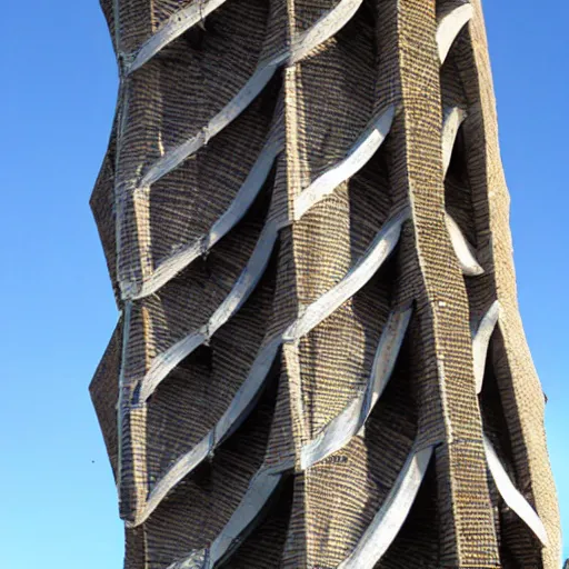 Image similar to a fantastical twisted brutalist tower