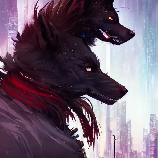 Image similar to a beautiful portrait of a handsome anthropomorphic humanoid black wolf fursona with long red hair in cyberpunk city. character design by cory loftis fenghua zhong ryohei hase isma