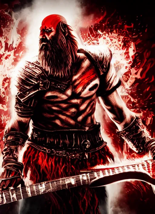 Prompt: red right eye paint stripe armored screaming kratos rocking hard on a flaming stratocaster guitar, cinematic render, god of war 2 0 1 8, playstation studios official media, lightning, flames, clear, coherent, guitar