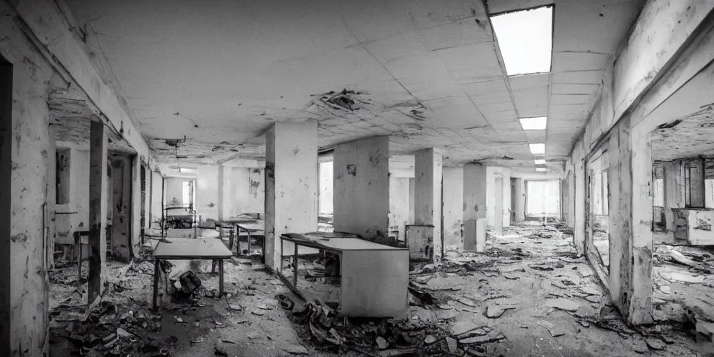 Image similar to grimy grungy abandoned soviet era kgb office, 3 5 mm photography, shallow depth of field, desaturated, high detail, low key