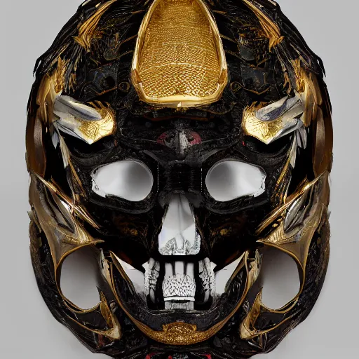 Prompt: symmetrical product photograph of a highly detailed ominous helmet made from animal skulls and gold inlay, damaged