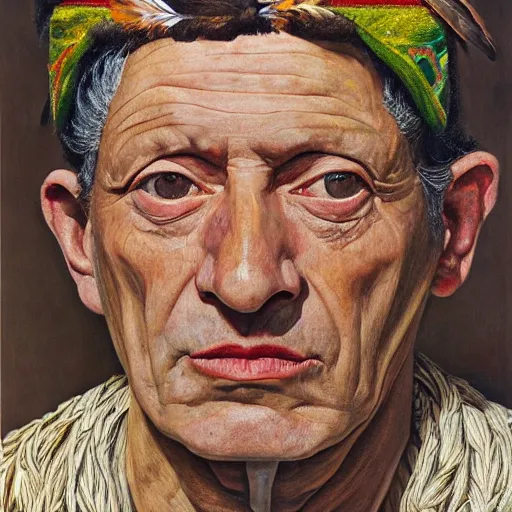 Image similar to high quality high detail painting by lucian freud, hd, portrait of an aztec priest with feathers, photorealistic lighting