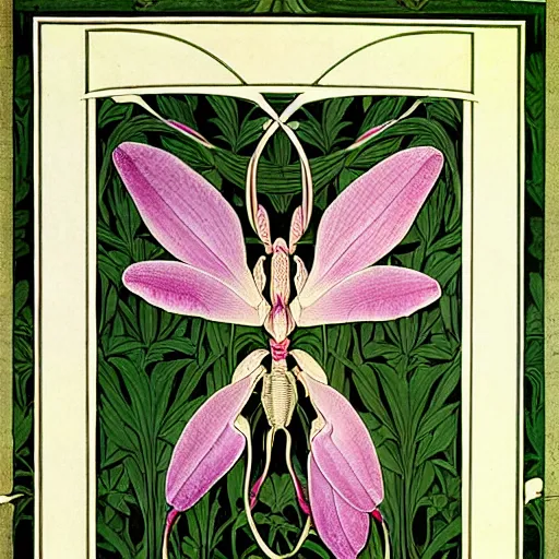 Prompt: potrait of an orchid mantis by William Morris, horizontal symmetry, exquisite fine details, Art Nouveau botanicals, deep rich moody colors