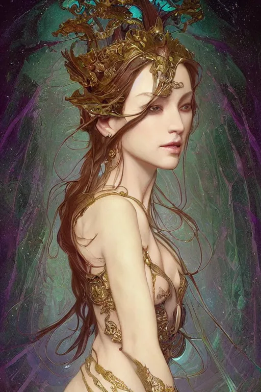 Image similar to portrait of jewel elf oracle physically accurate, moody dynamic lighting, very very intricate, very very elegant, highly detailed, concept art, smooth, very beautiful, sharp focus, illustration, art by artgerm and greg rutkowski and alphonse mucha digital painting, artstation, in the style of Rob Lefield and Dan Mumford , trending on artstation, digital art,surrealism ,macro,blueprint ,vaporwave ,