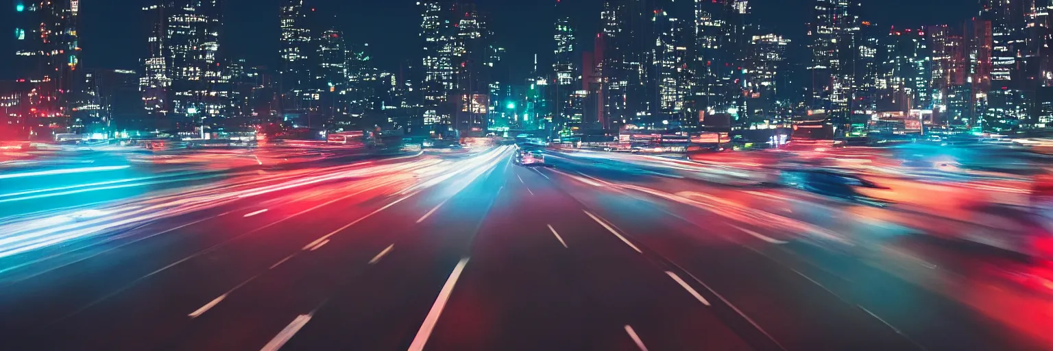 Image similar to 8 0 s neon movie still, high speed car chase on the highway with city in background, slow shutter speed, medium format color photography, 8 k resolution, movie directed by kar wai wong, hyperrealistic, photorealistic, high definition, highly detailed, tehnicolor, anamorphic lens