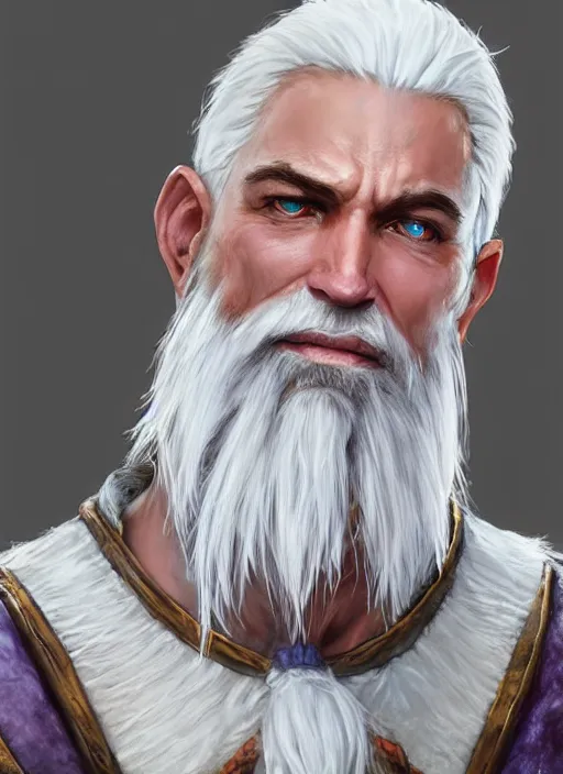 Prompt: man with white hair and white goatee, dndbeyond, bright, colourful, realistic, dnd character portrait, full body, pathfinder, pinterest, art by ralph horsley, dnd, rpg, lotr game design fanart by concept art, behance hd, artstation, deviantart, hdr render in unreal engine 5