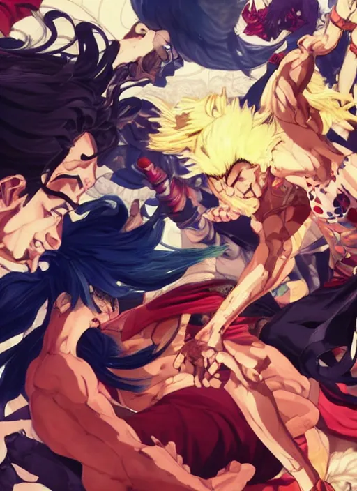 Image similar to gods fighting, digital painting masterpiece, advanced lighting technology, stylized yet realistic anatomy and face, gorgeous, by reiq and bengus and akiman and shigenori soejima and bastien vives and balak and michael sanlaville and jamie hewlett, 4 k wallpaper, cinematic, gorgeous brush strokes, coherent and smooth