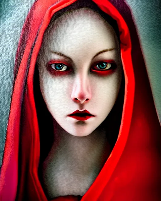 Prompt: hyperrealistic mixed media painting of beautiful little Red Riding Hood, pale smooth skin, full body, crimson red hooded robes, shadowy wolf in background, stunning 3d render inspired art by P. Craig Russell and Barry Windsor-Smith + perfect facial symmetry + dim volumetric lighting, 8k octane beautifully detailed render, post-processing, extremely hyperdetailed, intricate, epic composition, grim yet sparkling atmosphere, cinematic lighting + masterpiece, trending on artstation, very very detailed, masterpiece, stunning