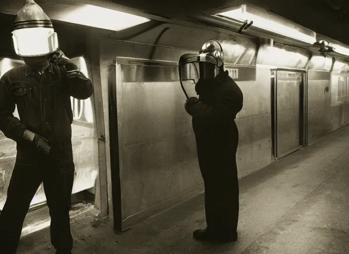 Image similar to welder in welding mask in a subway, ominous lighting, by richard avedon, tri - x pan stock