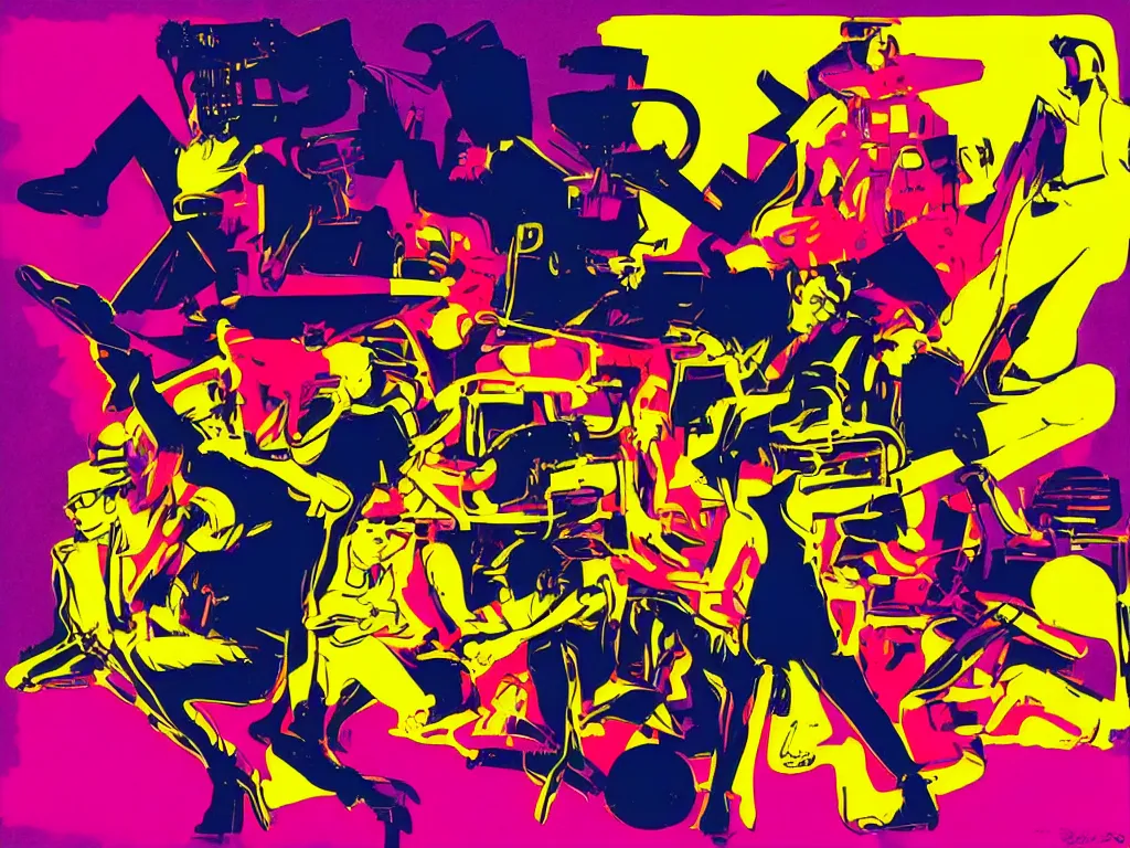 Image similar to Science fiction disco in silhouette, 1960s pop art with bold, bright colors by Evelyne Axell.