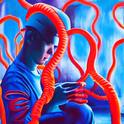 Prompt: fashion model in a blue factory worker's overalls face looking down at the floor eyes sad tentacles instead of hands, the red glow of fire in the background, hyperrealistic painting, figurative art, poster art