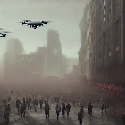 Image similar to hordes of drone-like people aimlessly walking around a depressing dystopian cityscape , trending on artststion, hyper realistic, surreal, melancholic, 8k, upscaled