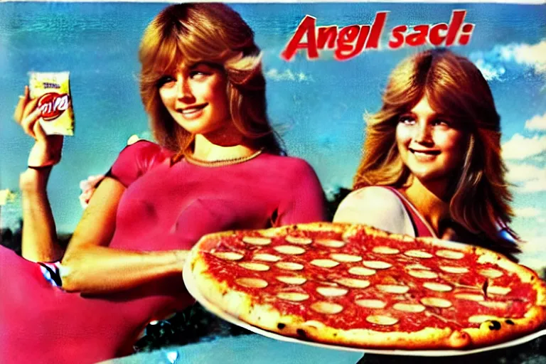 Image similar to 70s, angels, pizza, advertisement