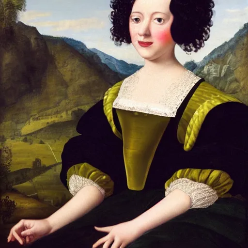 Image similar to young woman from the year 1 5 0 0, seated in front of a landscape background, her black hair is curly, she wears a dark green dress pleated in the front with yellow sleeves, puts her right hand on her left hand, and smiles slightly, oil painting