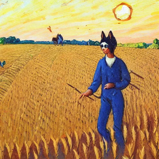 Image similar to cat farmer, walking in the wheat field, nature landscape on the background, sharp deep, oil art