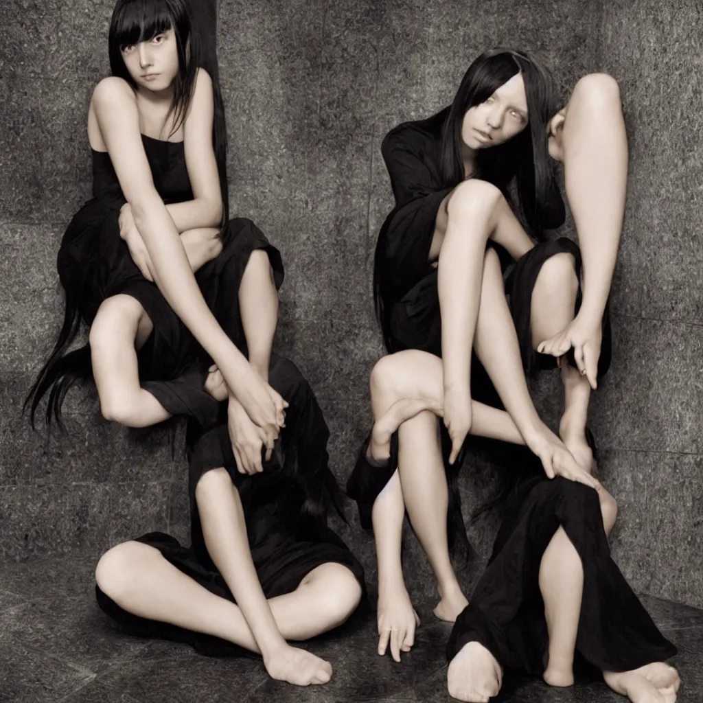 Prompt: photo of young girl with straight long black hair wearing black dress and sitting on bathroom floor, photo made by mario testino and vanessa beecroft, render by artgem for capcom co, resident evil