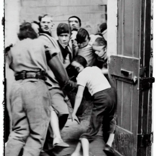 Prompt: vintage monochrome photograph of the minions pushing a young man into a prison cell, 8k, ominous