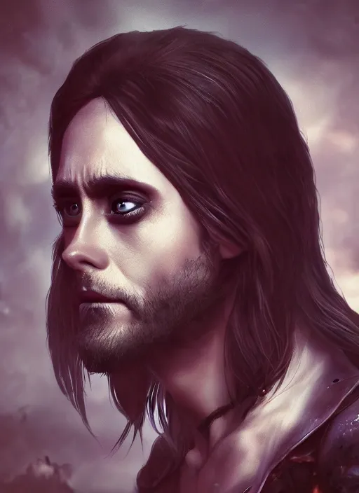 Image similar to A fantasy comic book style portrait painting of Jared Leto as a vampire race in a atmospheric dark fortress, unreal 5, DAZ, hyperrealistic, octane render, RPG portrait, ambient light, dynamic lighting