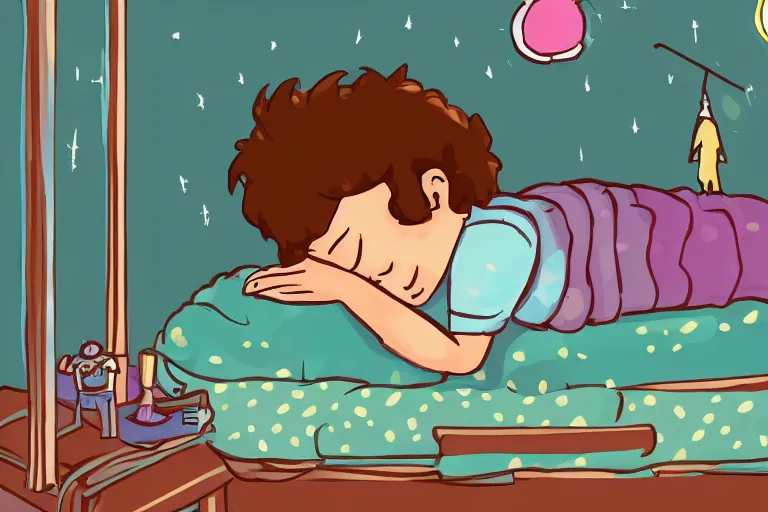 Image similar to Digital illustration of a kid sleeping on his bed at night, cute