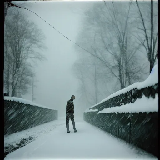 Image similar to photograph of a man sleepwalking during a blizzard, 8 0 mm film