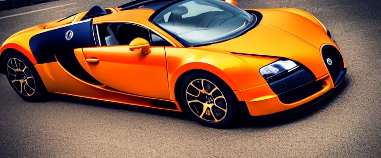 Image similar to orange and black bugatti veyron, driving in South Tangerang, South Jakarta, Indonesia, close up shot, Tilted frame, dutch angle, Deep depth of field, Midday, harsh overhead sunlight, directional sunlight skewed shot, vivid, lively, energetic, colorful, joyful, high quality, trending on artstation,