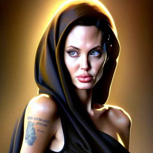 Image similar to beautiful digital painting of young angelina jolie background with high detail, 8 k, stunning detail, photo by artgerm, greg rutkowski and alphonse mucha, unreal engine 5, 4 k uhd