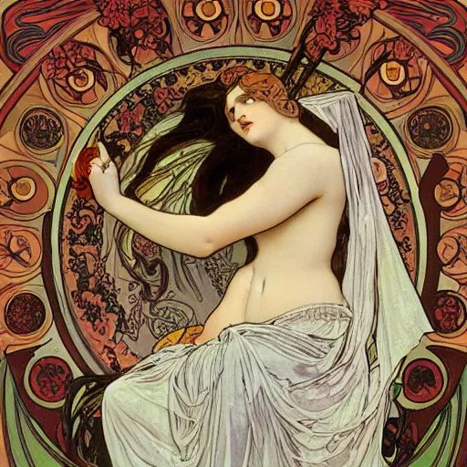 Image similar to persephone as godess of death, painted by alphonse mucha