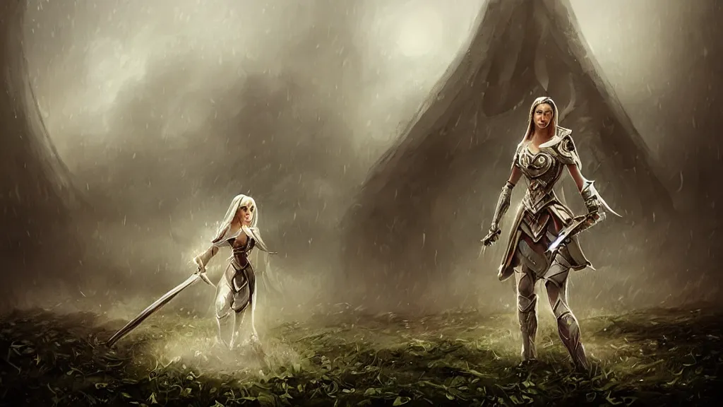 Image similar to a single hero standing on a battlefield on a rainy day, the hero is wearing armor and a sword, the hero is facing a girl in a white dress. by Ciryl Rolando, hyperrealistic illustration, digital art, studio lightning, art station