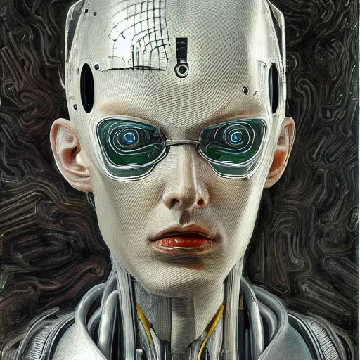 Prompt: portrait of a cyberpunk character, ( ( ( art by lucian freud ) ) ), cybernetic implant, more human than robot, award winning, masterpiece, intricate, dramatic light, detailed face, highly detailed, asymmetrical, dark