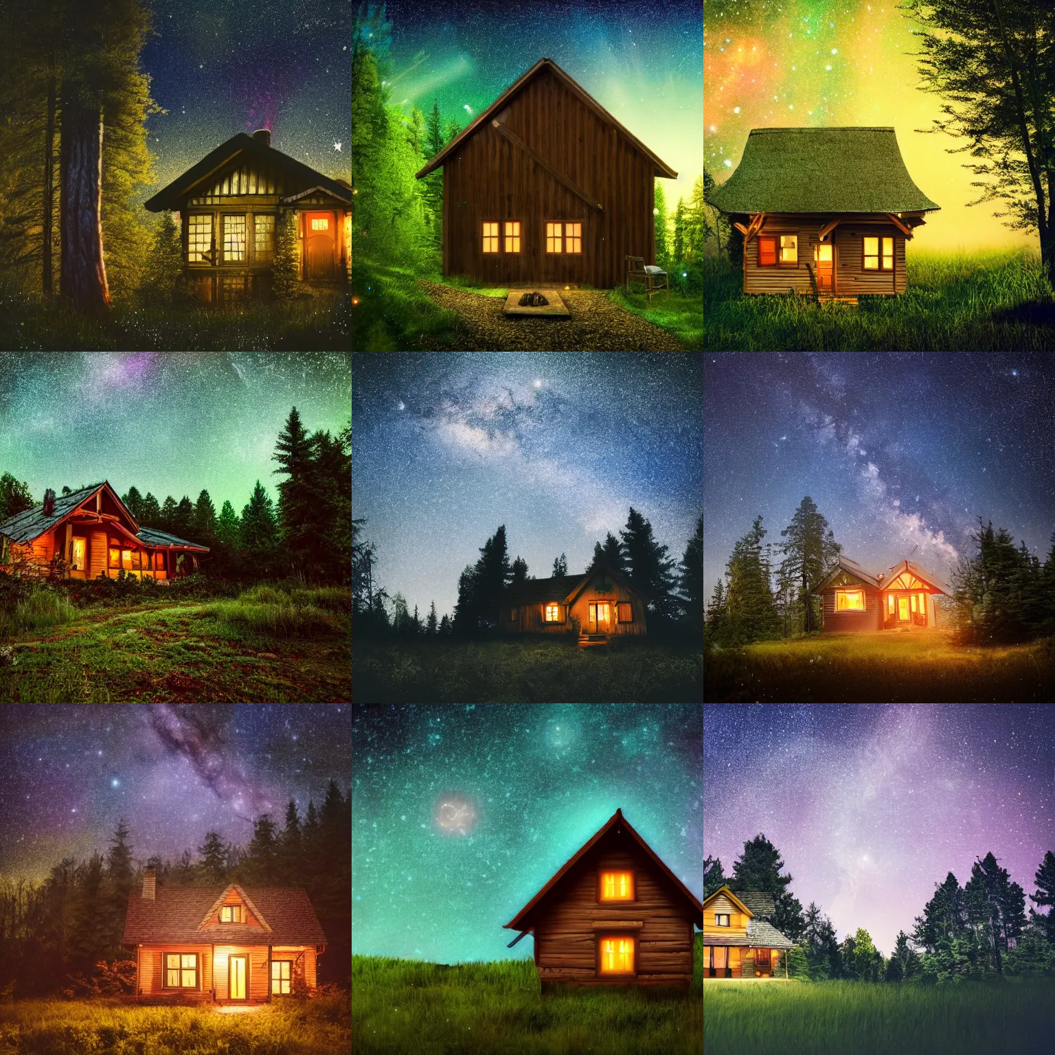 Prompt: a photo of house in the forest, night, starry sky, a fairy in front of the house, hazy, 8k