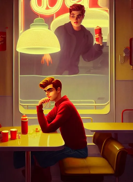 Prompt: portrair o teenage archie andrews, in a classic 5 0 s diner, misty, atmospheric, riverdale, intricate, elegant, glowing lights, highly detailed, digital painting, artstation, sharp focus, illustration, art by wlop, mars ravelo and greg rutkowski