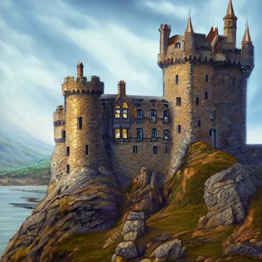 Image similar to an awesome scotish castle painting by peter klasen, moebius, artstation