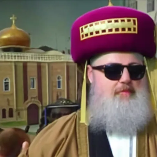 Image similar to orthodox patriarkh is wearing tall burger hat, real TV footage,