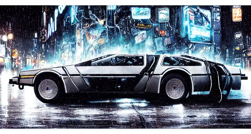 Image similar to a 2 8 mm closeup photo of a tela tron neon delorean back to the future car on wet city street at night, intricate, hyper detailed, smooth, high contrast, neon, volumetric lighting, octane, moebius, greg rutkowski, blade runner, ripley scott, mad max, cindmatic