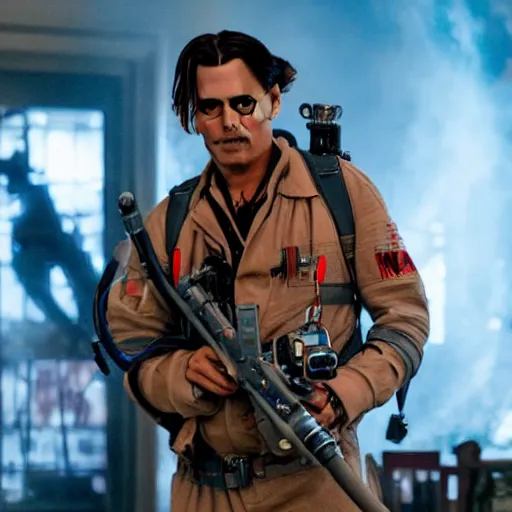 Prompt: Johnny Depp playing a Ghostbuster in the movie Ghostbusters 8k hdr movie still