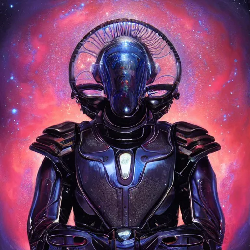 Image similar to 'Quantum Lord' A beautiful detailed sci-fi portrait painting depicting 'The dark lord of universe, standing in his shimmering quantum armor in front of space' by Wayne Barlowe and Takashi Murakami, Trending on cgsociety artstation, 8k, masterpiece, highly detailed.