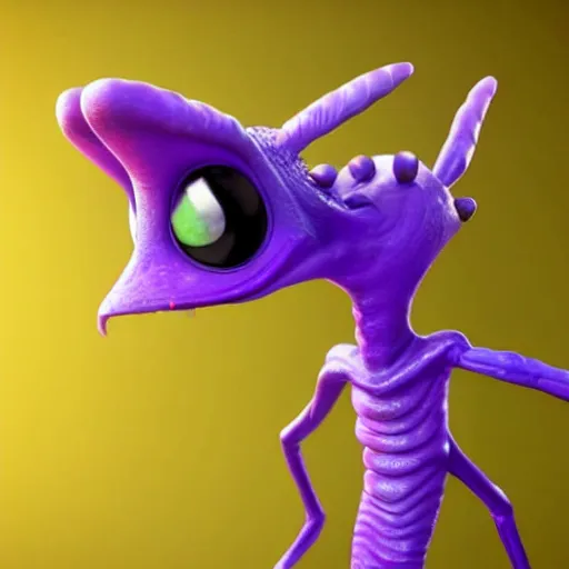 Prompt: full body portrait of cute purple alien crustacian creature with long nose and many eyes and many legs concept character art photo realistic detailed pixar 3d render