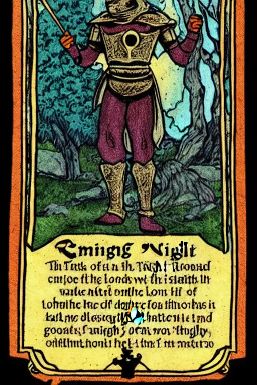 Image similar to tarot card of a shining knight that is lost in the woods and is followed by a shade