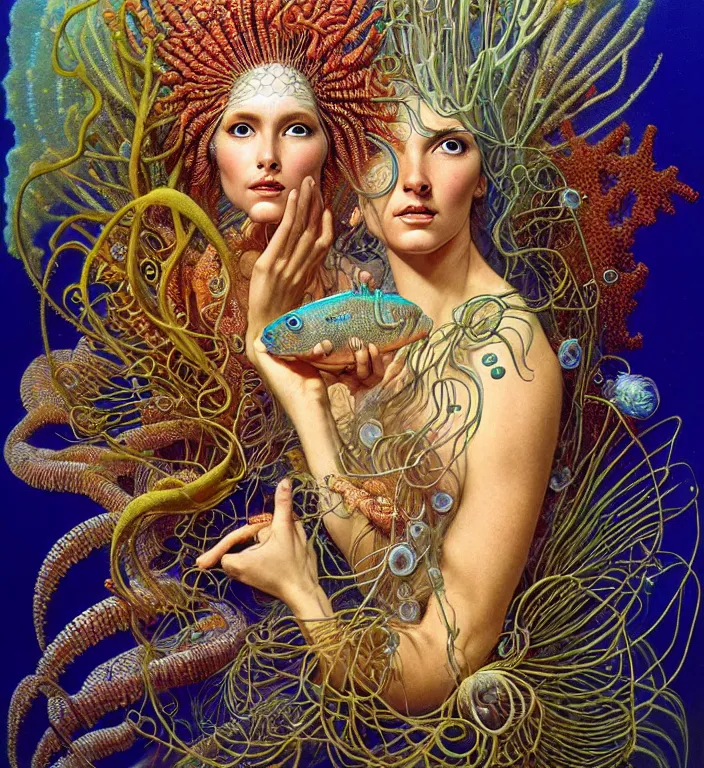 Image similar to realistic detailed underwater portrait of the goddess of the fish of the three times with an intricate headdress of corals, sea kelp, sea plants, fish, jellyfish, art by boris vallejo and ernst haeckel, face in focus in the middle, neo - gothic, gothic,