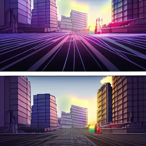 Prompt: vibrant octane vfx of a cityscape done in the style of graphic novels. the buildings are all rendered with sharp lines and angles, and the overall effect is one of progress and order. there is a strong sense of geometric shapes in the composition, overall effect is one of calm and serenity, featured on deviantart, space art, matte painting, apocalypse landscape, apocalypse art