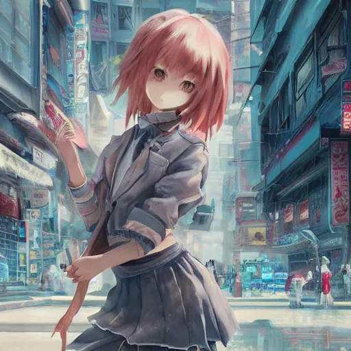 Image similar to dynamic composition, motion, ultra-detailed, incredibly detailed, a lot of details, amazing fine details and brush strokes, colorful and grayish palette, smooth, HD semirealistic anime CG concept art digital painting, watercolor oil painting of Clean and detailed post-cyberpunk sci-fi close-up schoolgirl in asian city in style of cytus and deemo, blue flame, relaxing, calm and mysterious vibes,, by a Chinese artist at ArtStation, by Huang Guangjian, Fenghua Zhong, Ruan Jia, Xin Jin and Wei Chang. Realistic artwork of a Chinese videogame, gradients, gentle an harmonic grayish colors. set in half-life 2, Matrix, GITS, Blade Runner, Neotokyo Source, Syndicate(2012), dynamic composition, beautiful with eerie vibes, very inspirational, very stylish, with gradients, surrealistic, dystopia, postapocalyptic vibes, depth of field, mist, rich cinematic atmosphere, perfect digital art, mystical journey in strange world