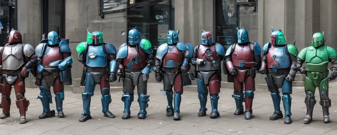 Image similar to four overweight, bored mandalorians on the streets of London