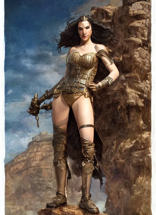 Image similar to highly detailed steampunk gal gadot posing while standing on a rock : leonardo da vinci, greg rutkowski, magali villeneuve