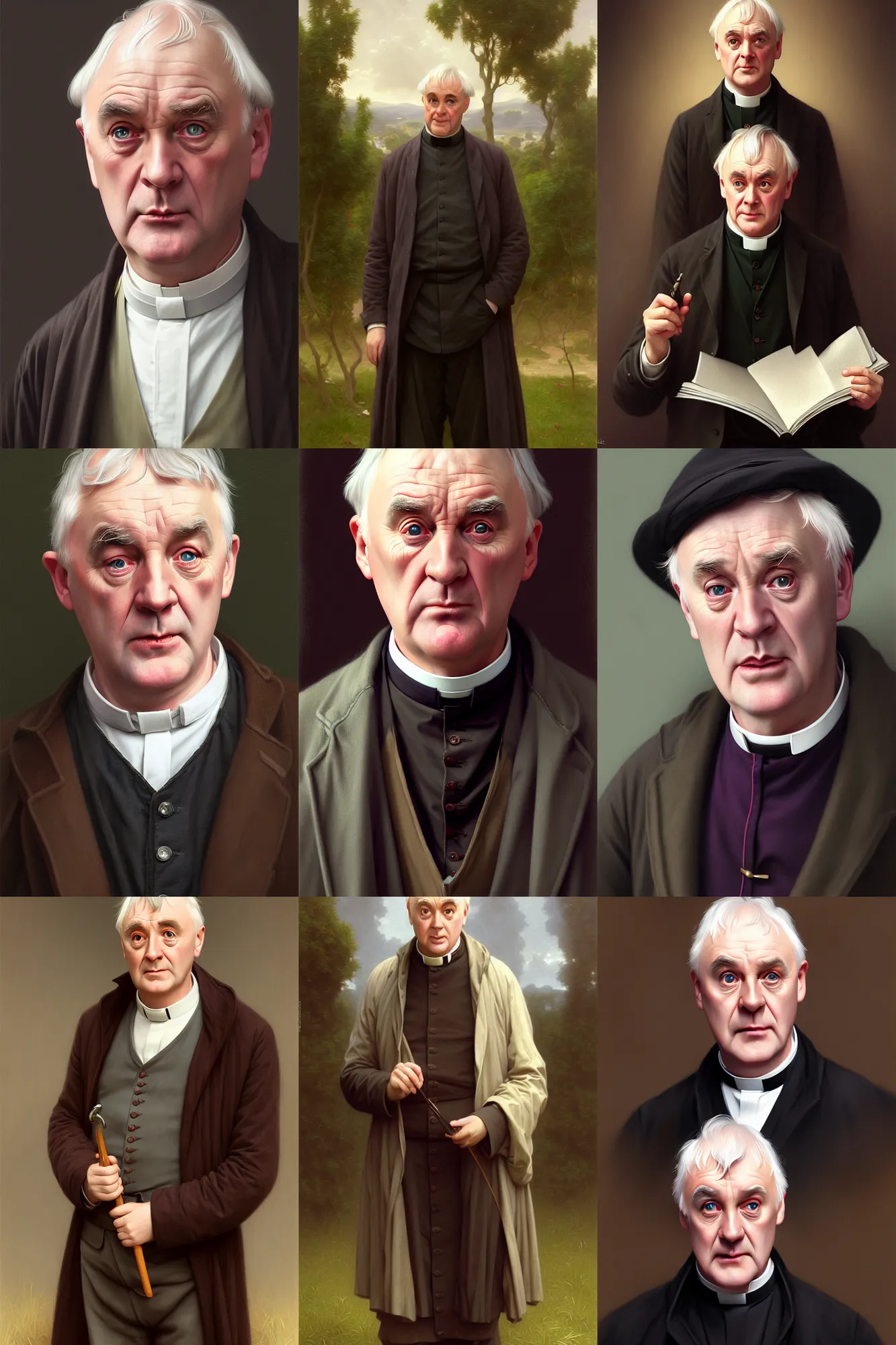 Prompt: depiction of tv show character father ted crilly, illustration by mandy jurgens and william adolphe bouguereau, artgerm, 4 k, digital art, surreal, highly detailed, artstation, digital painting, concept art, smooth, sharp focus, illustration by mandy jurgens and william adolphe bouguereau